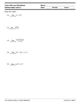 The availability of an answer is marked by ⇒ at the end of the exercise. Worksheet: Multivariable Limits | Calculus Printable