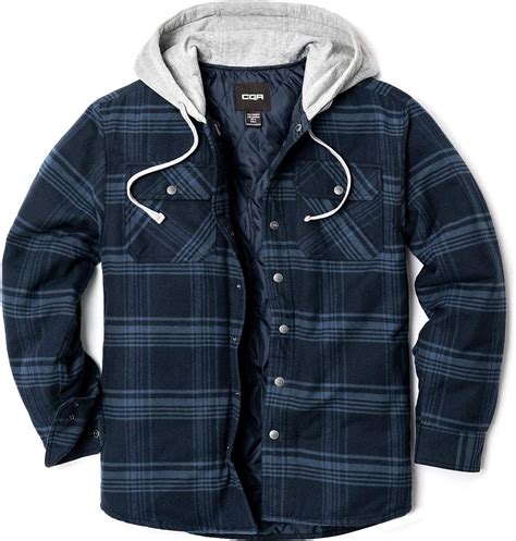 Cqr Mens Hooded Quilted Lined Flannel Shirt Jacket Long