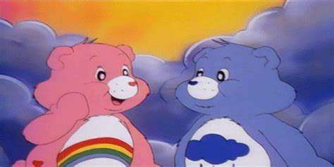 Two Cartoon Bears Standing Next To Each Other On A Cloudy Day With The