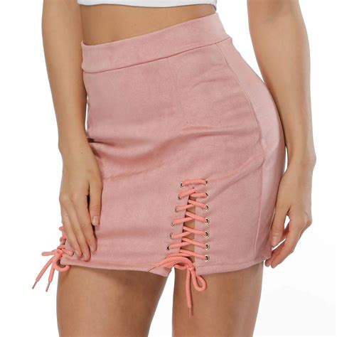 sexy lace up leather suede skirts women vintage cross zipper split mini skirt sexy bodycon short