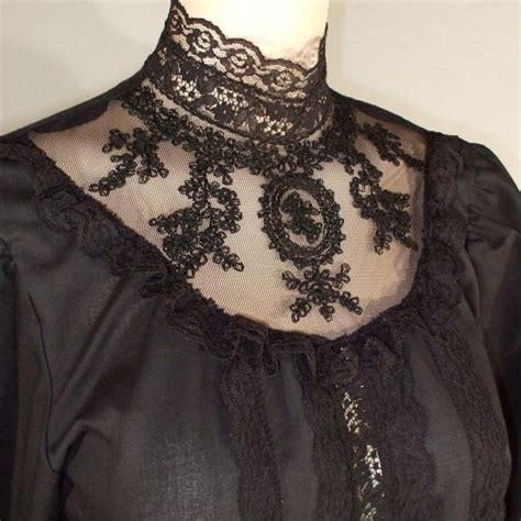 Black Vintage 70s Victorian Gothic Blouse Sheer Lace High Neckline