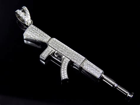 Sterling Silver Simulated Diamond Ak 47 Gun Pendant In White Gold