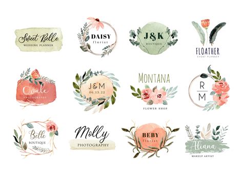 Premium Vector Premade Logo With Peach Green Floral And Brush Stroke