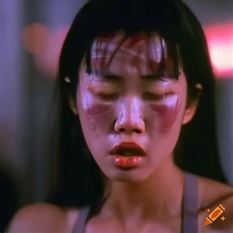 asian woman tournament fighter with bruised face in an 80s hong kong action movie on craiyon