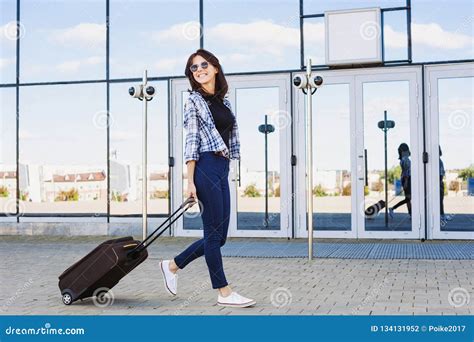 Young Woman Walking With Luggage Suitcase Vacations Travel And Active