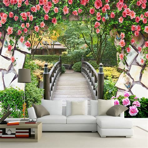 Custom Mural Wallpaper Flower Vine Wooden Bridge Brick