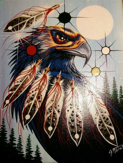 A Painting Of An Eagle With Feathers On It S Head And Trees In The