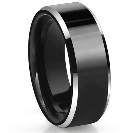 8mm Mens Black Tungsten Carbide Wedding Ring Two Tone Beveled Edges