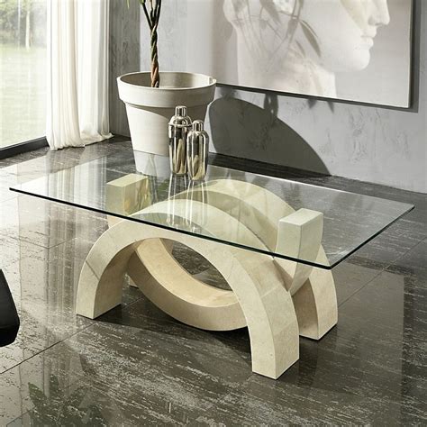The base of the table is finished in a rich, espresso; Modern coffee table oympia by Stones has unique fossil ...