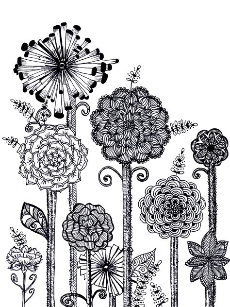 An Ink Drawing Of Flowers And Leaves