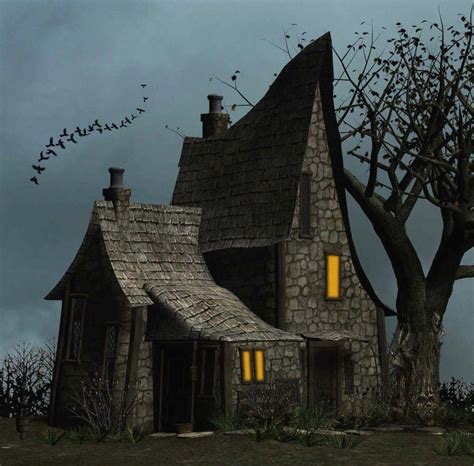 An Old Stone House With A Tree And Birds In The Sky Behind It At Night