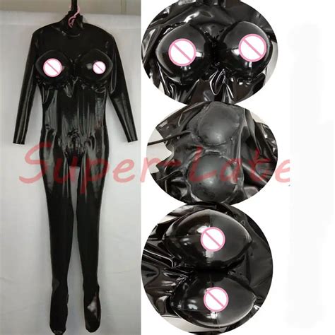 3d Clipping Cups Design Black Latex Catsuit Womens Fetish Tight