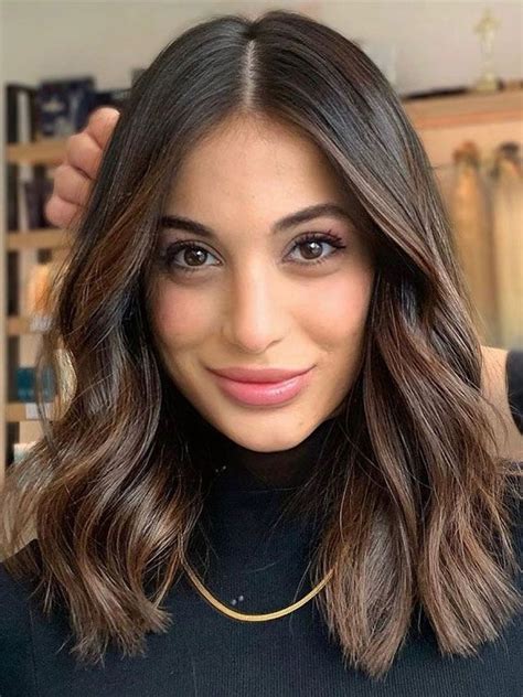 Stylish Medium Length Haircuts To Try Middle Part Dark Hair With Brown Balayage Hair