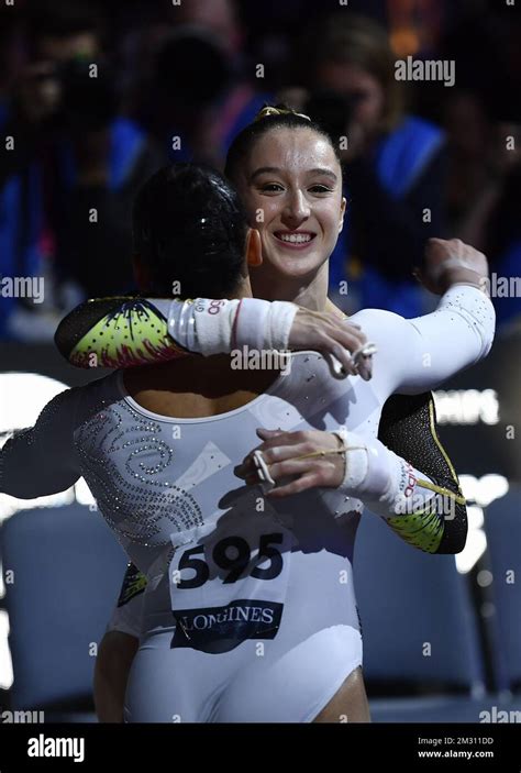 Belgian Gymnast Nina Derwael R Celebrates At The Finals Of The Uneven Bars Event At The World