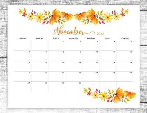 Printable November Calendar 2022 Thanksgiving November 2022 Etsy Uk
