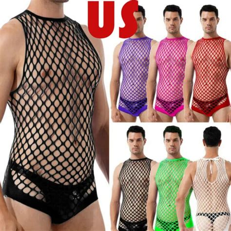 US MEN S SEE Through Fishnet Bodysuit Tank Wrestling Singlet Leotard Underwear PicClick