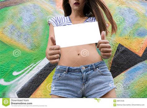 Girl With A Naked Stomach And An Empty Sign Stock Photo Image Of Empty Card