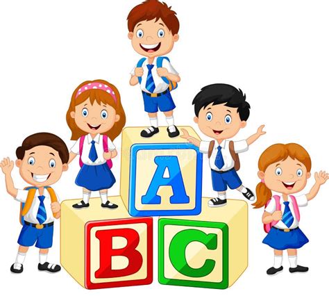 Niños Felices De La Escuela Con Los Bloques Del Alfabeto Ilustración