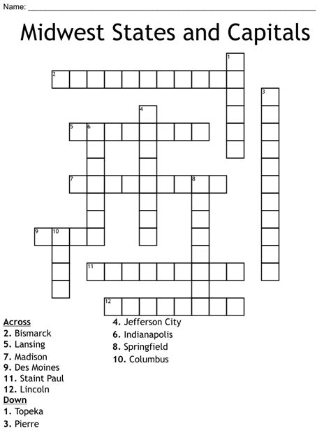 Midwest States And Capitals Crossword Wordmint