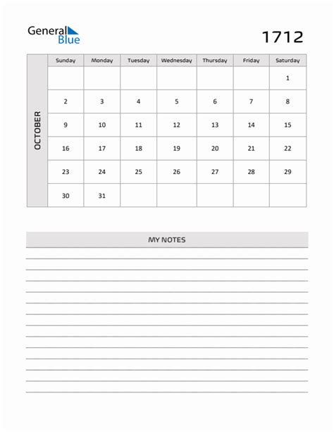 October 1712 Printable Monthly Calendar With Notes