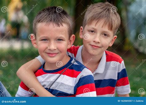 Closeup Portrait Two Best Friends Boys In Summer Day Stock Image