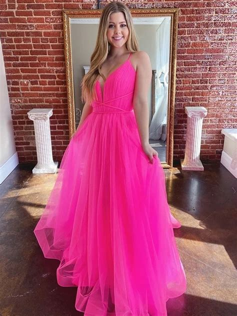A Line V Neck Hot Pink Tulle Prom Dresses Hot Pink Long Formal Gradua