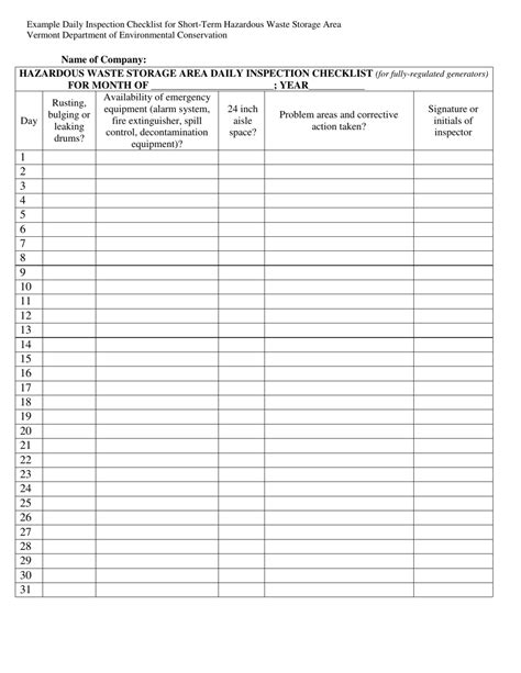 Vermont Example Daily Inspection Checklist For Short Term Hazardous