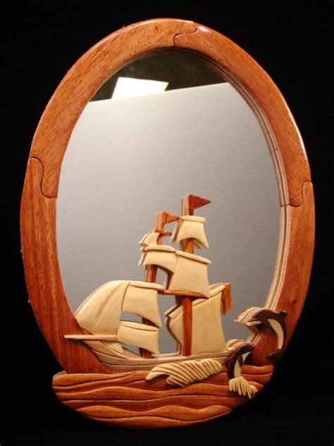Hand Carved Wood Art Intarsia Sailboat And Dolphins Wall Mirror Nautical