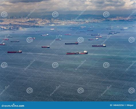 Many Cargo Ships Waiting On The Sea Stock Photo Image Of Blue Travel