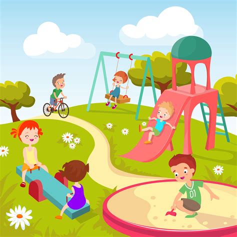 Cute Children At Playground Happy Children Playing In Summer Park Vec