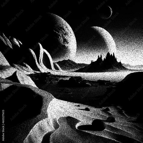 Alien Planet Landscape In Retro Dotwork Style Planets And Satellites