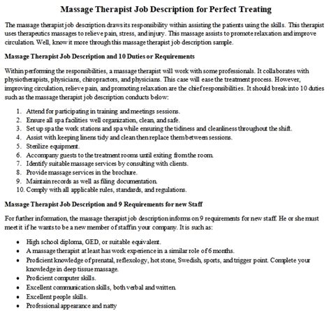 massage therapist job description for perfect treating room