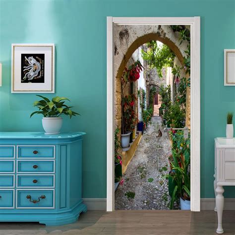 2 Panels Cobblestone Road Art Door Wall Murals Wall Stickers Door