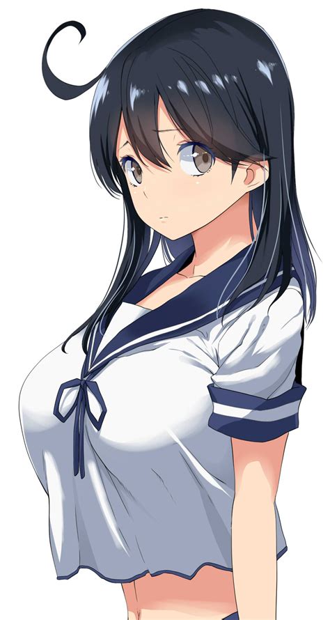 safebooru 1girl ahoge black hair breasts brown eyes crop top highres huge breasts kantai