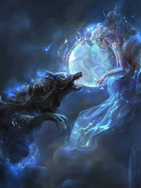 Wolf cool pictures, hd backgrounds and wallpapers for all kinds of computers and mobile devices: Download 600x800 Fantasy Girl, Wolf, Lights, Stars, Magic ...