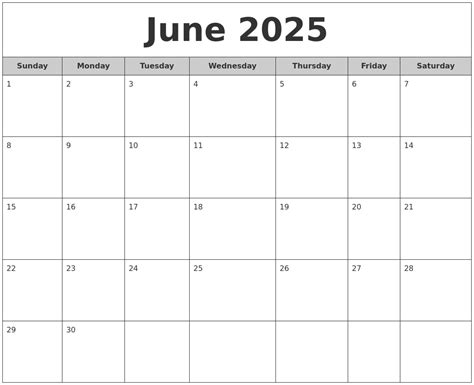 June 2025 Free Monthly Calendar