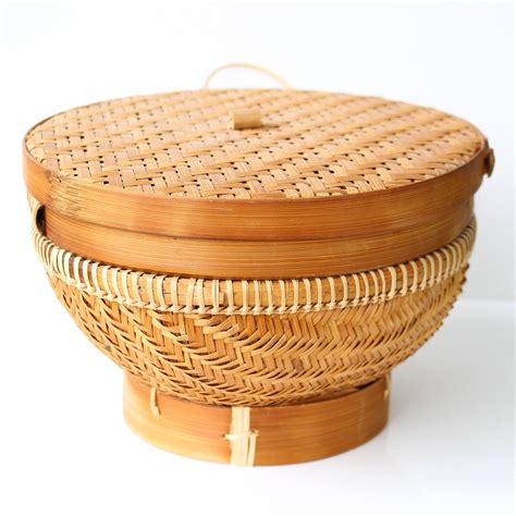 Vintage Round Bamboo Basket With Lid Bamboo Basket With Etsy