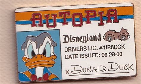 Donald Duck Autopia Driver S License Disneyland Pin In