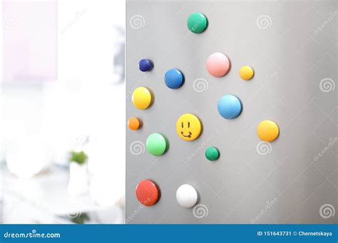 Colorful Magnets On Refrigerator Door In Kitchen Stock Image Image Of