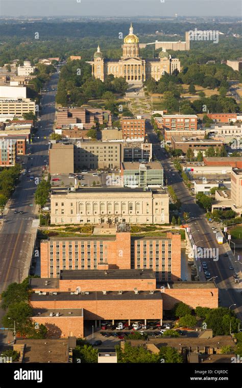 Aerial View Of Des Moines Downtown Buildings And Iowa State Capitol