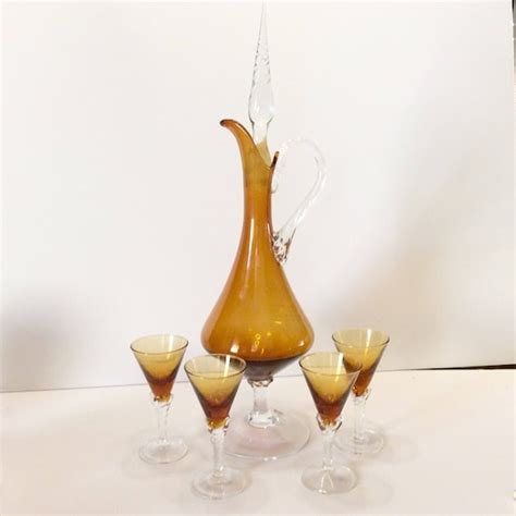 Vintage Hand Blown Amber Glass Decanter Cordial Glasses Italy Etsy