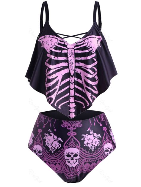 Flounces Skull Skeleton Halloween Plus Size Tankini Swimwear 23 Off Rosegal