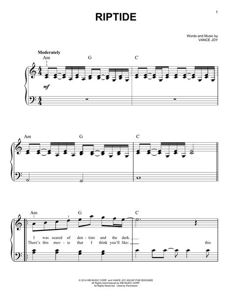 Riptide Sheet Music By Vance Joy Easy Piano 157888