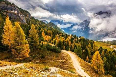 Hd Wallpaper Fall Mountains Clouds Forest Road Alps Italy