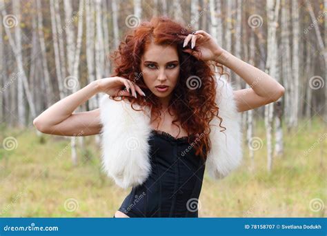Young Woman In Corset With Fur And Curly Hair Stock Image Image Of Glamour Lady 78158707