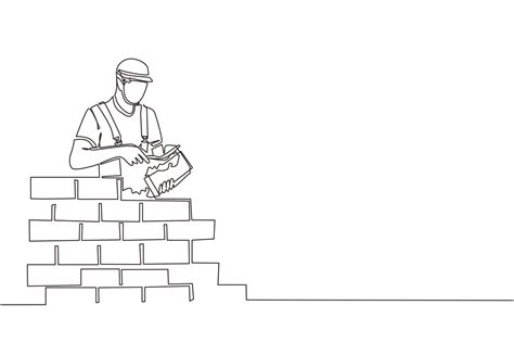 Continuous One Line Drawing Repairman Building Brick Wall Construction