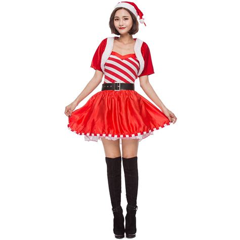 New Female Sexy Cute Sleeveless Red Christmas Strip Dress Cosplay Disfraces Occident Christmas