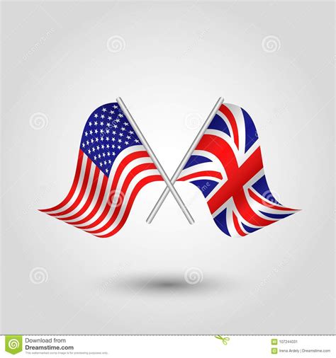 Vector American And British Flags On Silver Sticks Symbol Of United