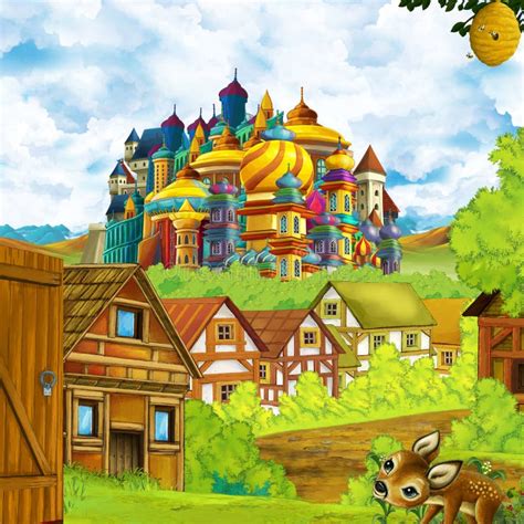 Cartoon Scene With Kingdom Castle And Mountains Valley Forest And Farm