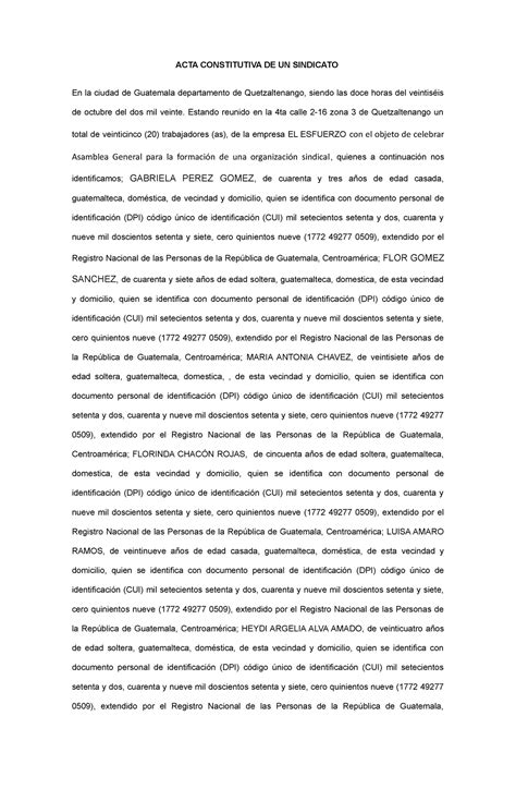 Acta Constitutiva De Un Sindicato Acta Constitutiva De Un Sindicato